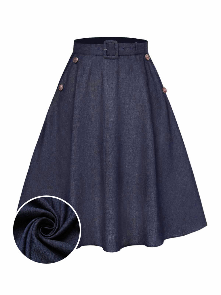 Blue 1940s Solid Button Skirt WIth Belt - vintage skirt, retro style