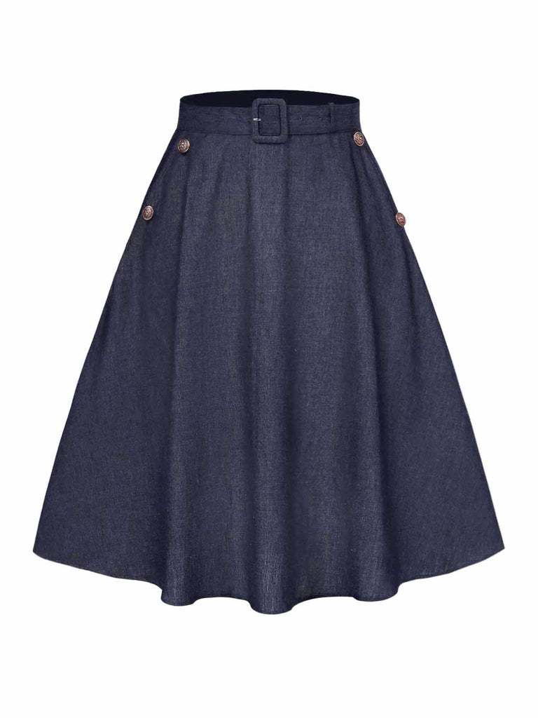 Blue 1940s Solid Button Skirt WIth Belt - vintage skirt, retro style