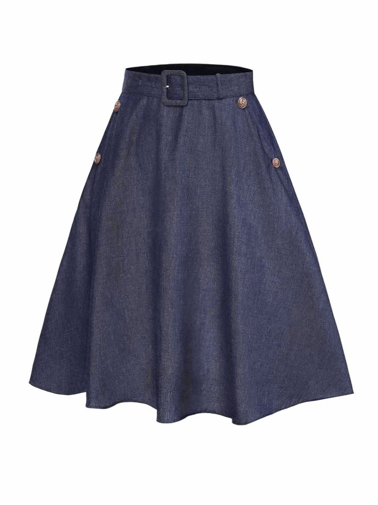 Blue 1940s Solid Button Skirt WIth Belt - vintage skirt, retro style