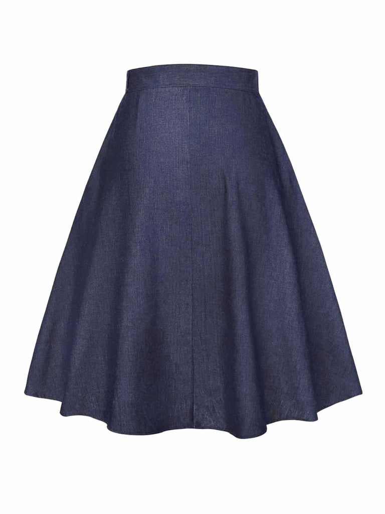 Blue 1940s Solid Button Skirt WIth Belt - vintage skirt, retro style