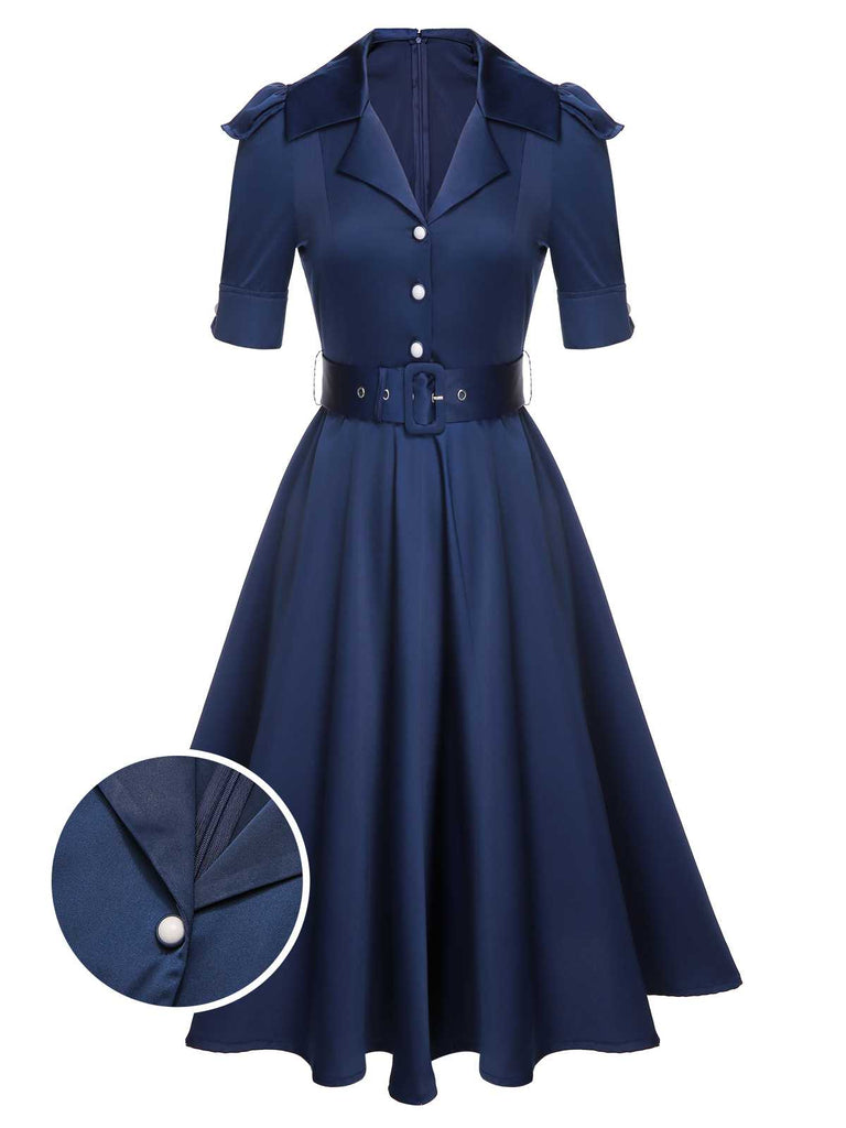 Vintage 1950s Solid Lapel Belted A-line Rockabilly Dress Navy Blue | Size Small Vintage 1950s Solid Lapel Belted A-line Rockabilly Dress Navy Blue | Size Small