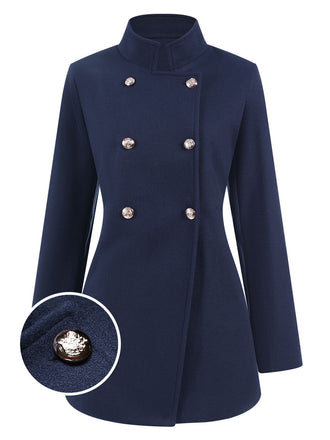 Blue 1940s Solid Stand Collar Double Breasted Coat - vintage fashion, retro style