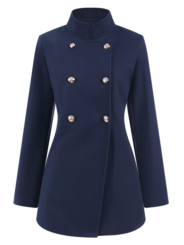 Blue 1940s Solid Stand Collar Double Breasted Coat, vintage coat, retro outerwear - perfect for women who love vintage and retro fashion