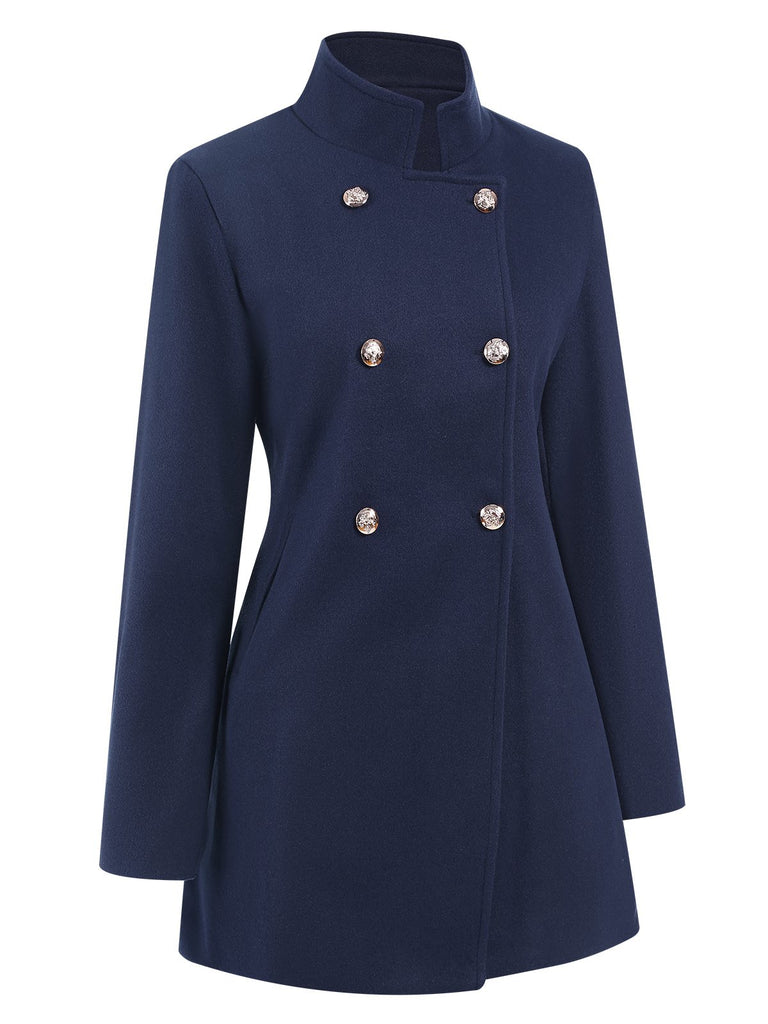 Blue 1940s Solid Stand Collar Double Breasted Coat, vintage coat, retro outerwear - perfect for women who love vintage and retro fashion