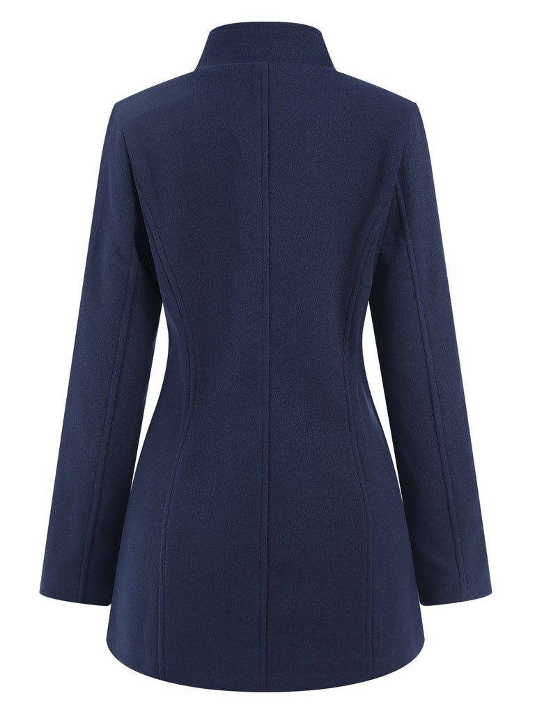 Blue 1940s Solid Stand Collar Double Breasted Coat, vintage coat, retro outerwear - perfect for women who love vintage and retro fashion