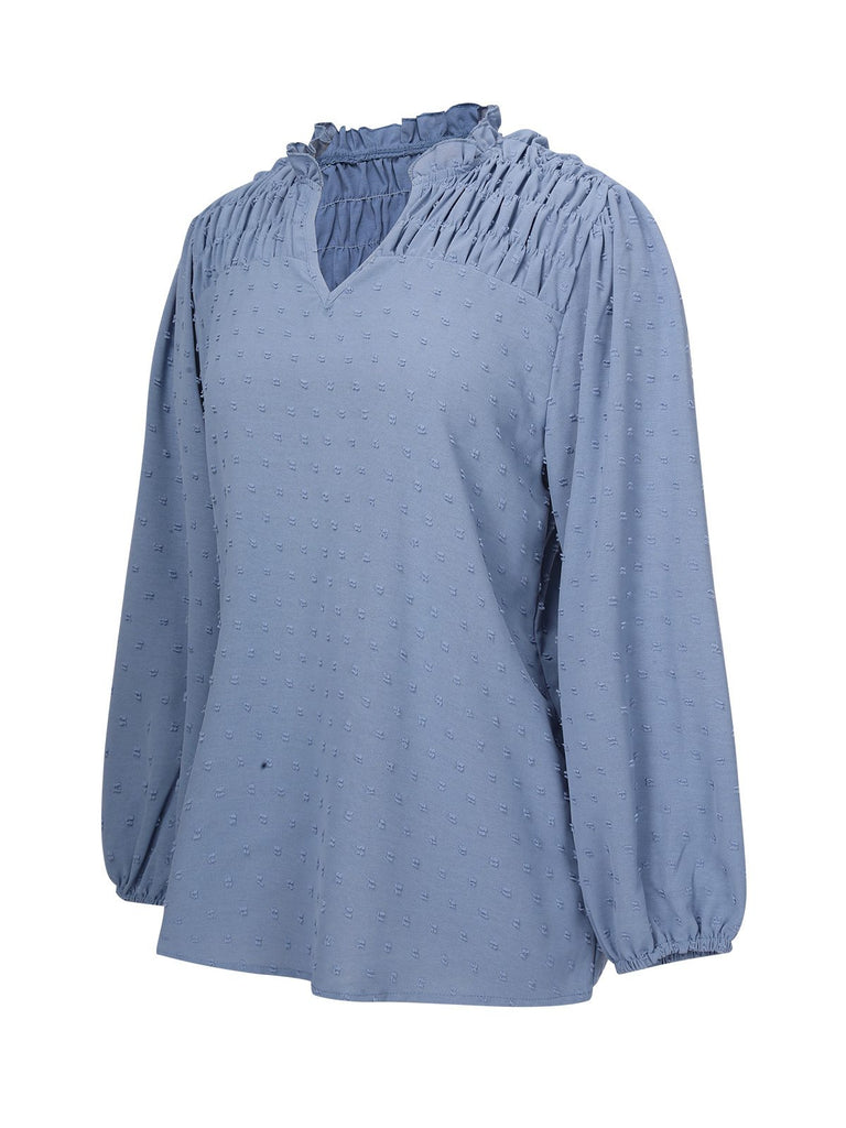 Blue 1940s Solid V-Neck Swiss Dot Blouse, vintage top, retro blouse - perfect for women who love vintage and retro fashion