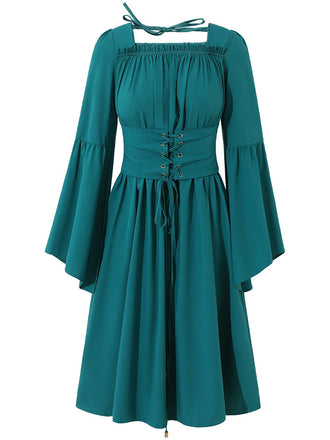 She slips into this Blue 1940s Square Neck Lace-Up Ruched Dress and suddenly it's a 1940s daydream