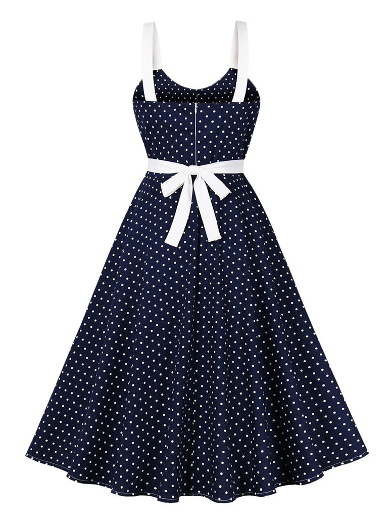 Blue 1940s Strap Polka Dot Bow Belted Dress: where 1940s romance meets her modern spirit