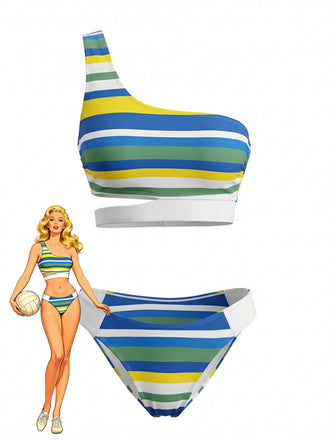 Blue 1940s Stripe One-Shoulder Cutout Bikini Set - vintage swimsuit, pin-up swimwear for vintage lovers