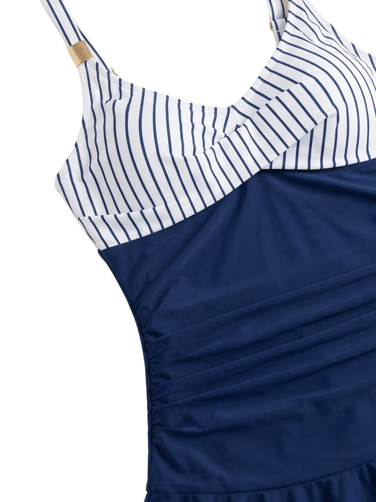 Blue 1940s Striped Ruched Tummy-Control Swimsuit - vintage swimsuit, pin-up swimwear for vintage lovers