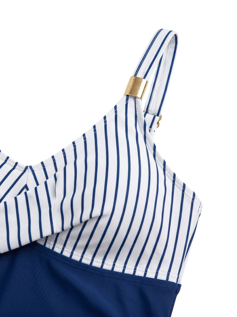 Blue 1940s Striped Ruched Tummy-Control Swimsuit - vintage swimsuit, pin-up swimwear for vintage lovers