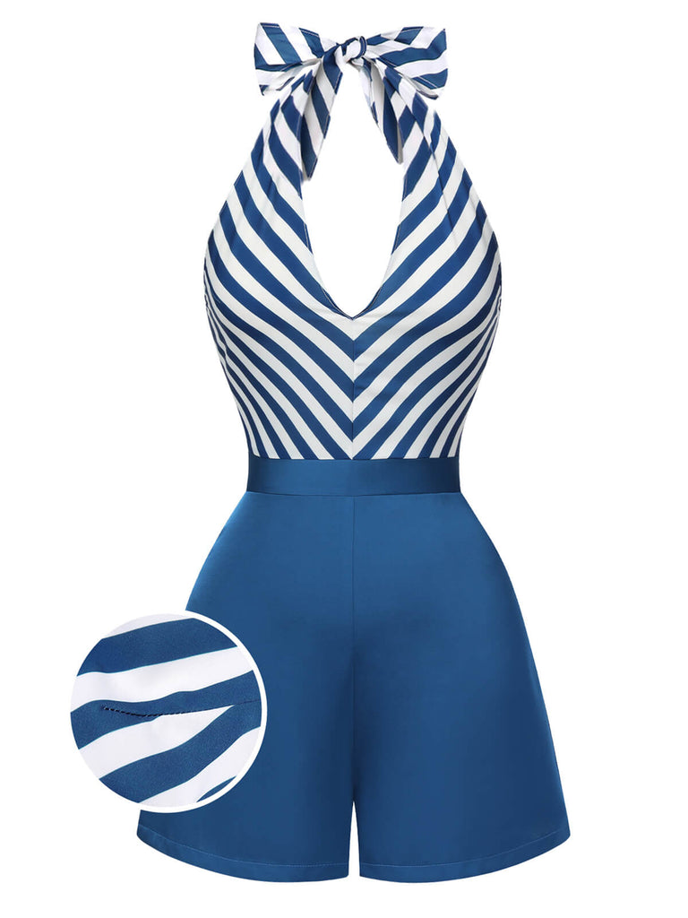 Blue 1940s Symmetrical Stripe V-Neck Halter Romper, vintage romper, retro jumpsuit - perfect for women who love vintage and retro fashion