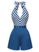 Blue 1940s Symmetrical Stripe V-Neck Halter Romper, vintage romper, retro jumpsuit - perfect for women who love vintage and retro fashion