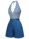 Blue 1940s Symmetrical Stripe V-Neck Halter Romper, vintage romper, retro jumpsuit - perfect for women who love vintage and retro fashion