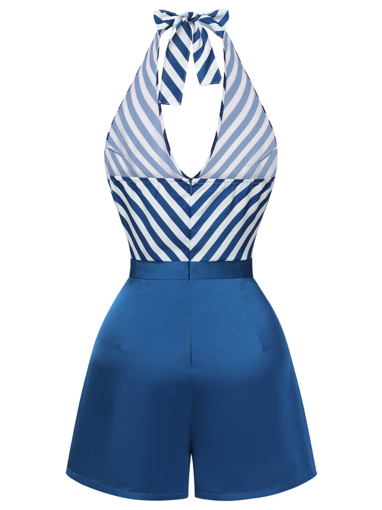 Blue 1940s Symmetrical Stripe V-Neck Halter Romper, vintage romper, retro jumpsuit - perfect for women who love vintage and retro fashion