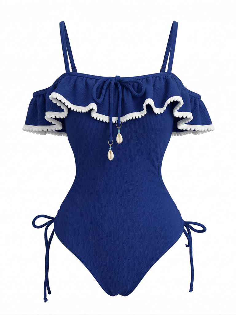 Blue 1940s Seashell Pendant Ruffle One-Piece Swimsuit - vintage swimsuit, pin-up swimwear for vintage lovers