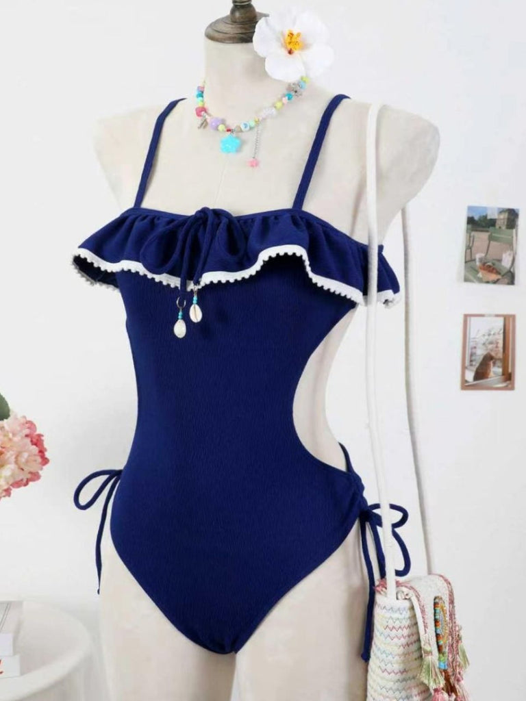 Blue 1940s Seashell Pendant Ruffle One-Piece Swimsuit - vintage swimsuit, pin-up swimwear for vintage lovers