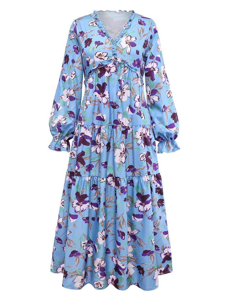 Blue 1940s V-Neck Floral Puff Sleeve Dress - vintage dress, retro fashion