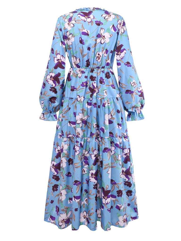 Blue 1940s V-Neck Floral Puff Sleeve Dress - vintage dress, retro fashion