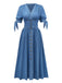 Blue 1940s V-Neck Knot Cuff Denim Dress - vintage dress, retro fashion