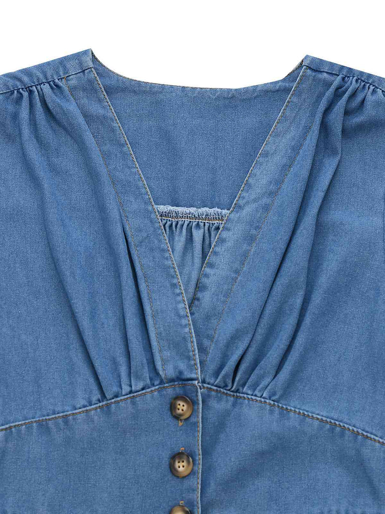 Blue 1940s V-Neck Knot Cuff Denim Dress - vintage dress, retro fashion
