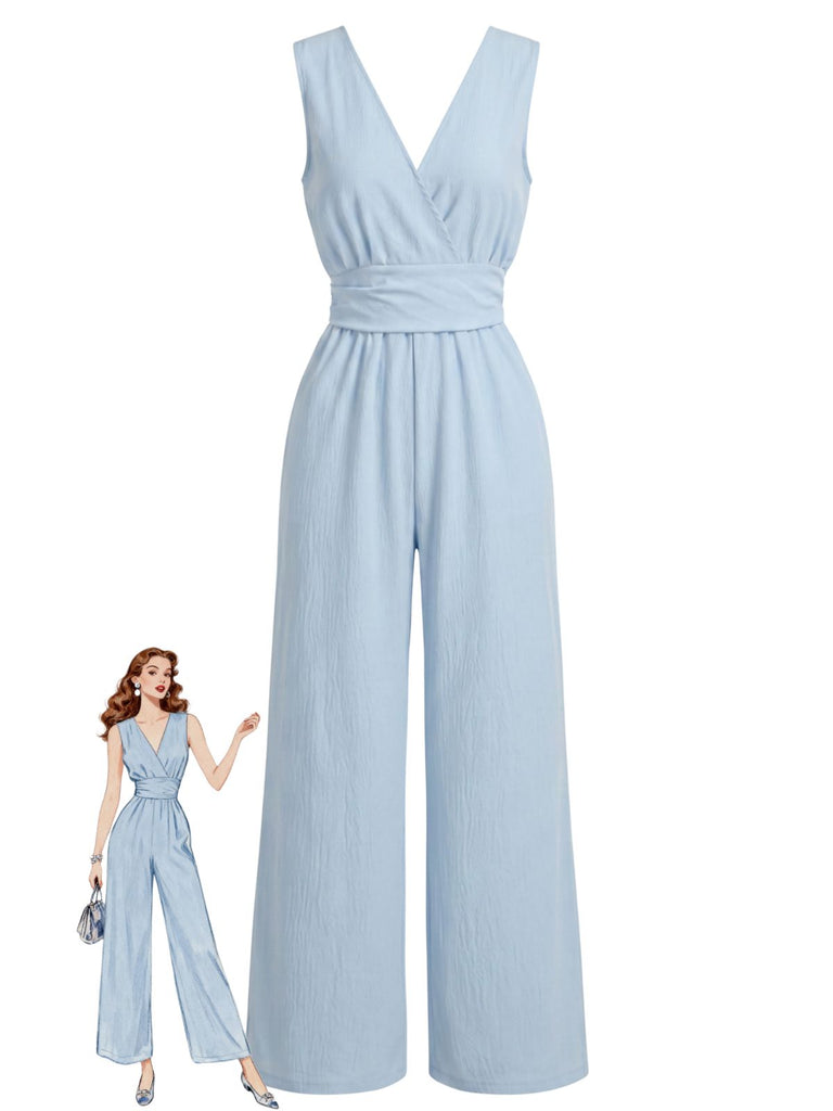 Blue 1940s Vintage V Neck Jumpsuit
