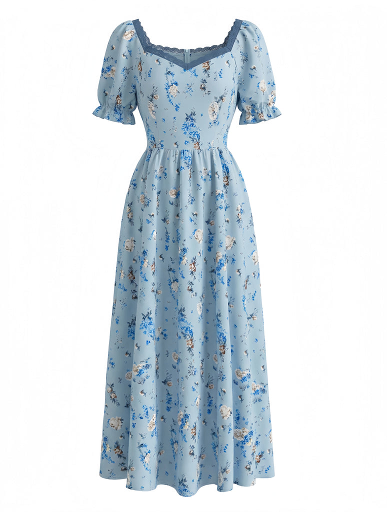 Blue 1940s Vintage Floral Print Swing Dress, vintage dress, retro fashion, rockabilly, pin-up fashion - perfect for women who love vintage and retro fashion