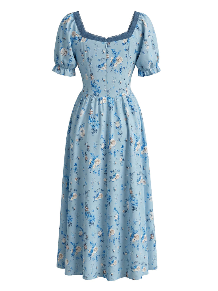 Blue 1940s Vintage Floral Print Swing Dress, vintage dress, retro fashion, rockabilly, pin-up fashion - perfect for women who love vintage and retro fashion