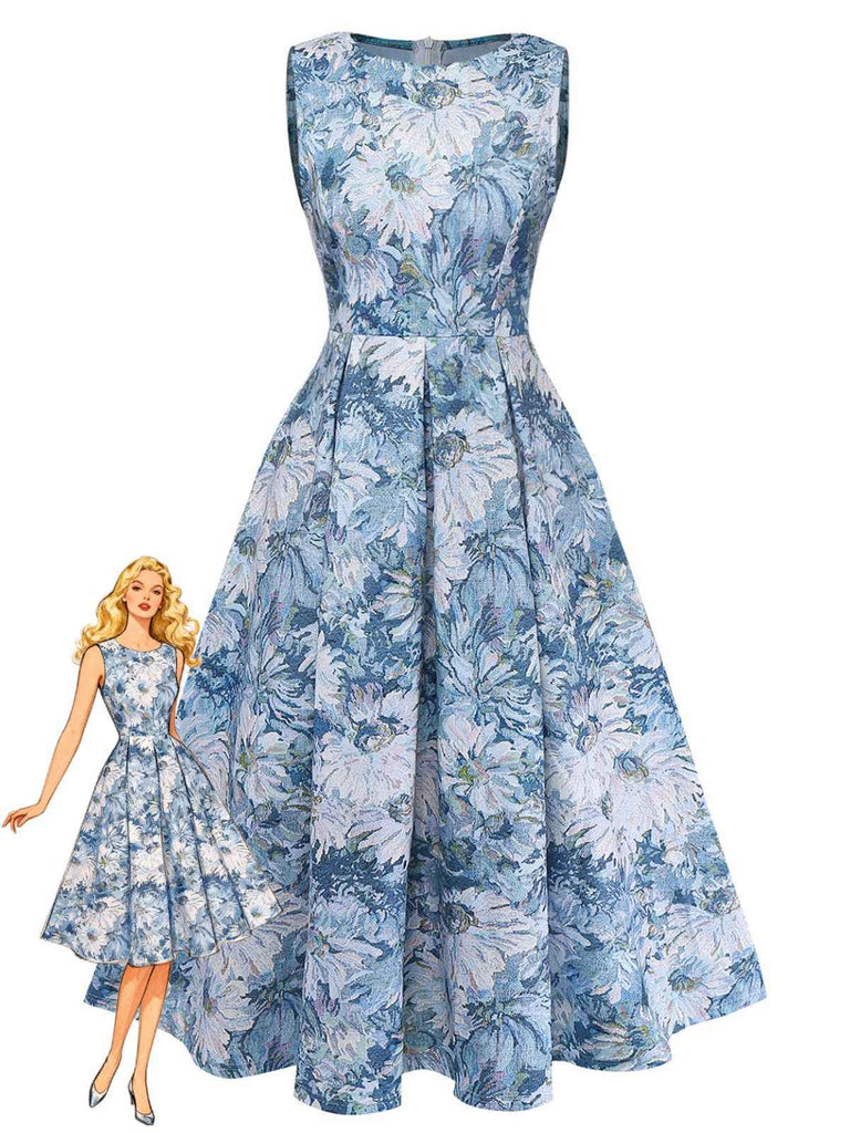 Retro Stage 1950s All-Over Oil Painting Floral Sleeveless Midi Swing Tea Dress Blue Retro Stage 1950s All-Over Oil Painting Floral Sleeveless Midi Swing Tea Dress Blue