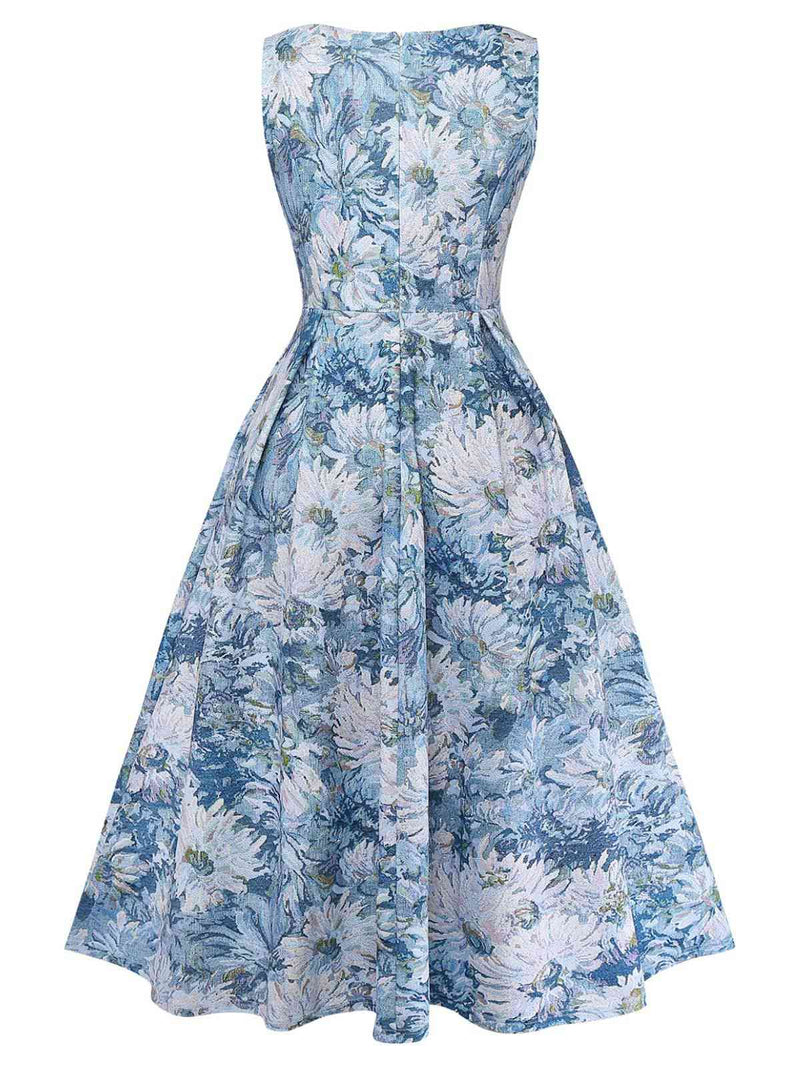 Blue 1950s All-Over Oil Painting Floral Sleeveless Dress