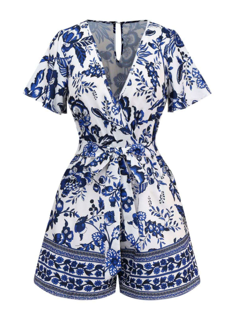 Blue 1950s Blue-White-Porcelain Floral Belted Romper - vintage jumpsuit, retro fashion, pure white