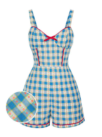 Blue 1950s Bow Gingham Plaid Floral Romper - vintage jumpsuit, retro fashion