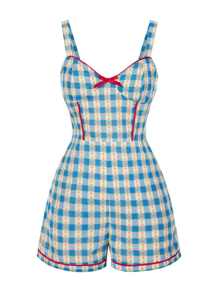 Blue 1950s Bow Gingham Plaid Floral Romper - vintage jumpsuit, retro fashion