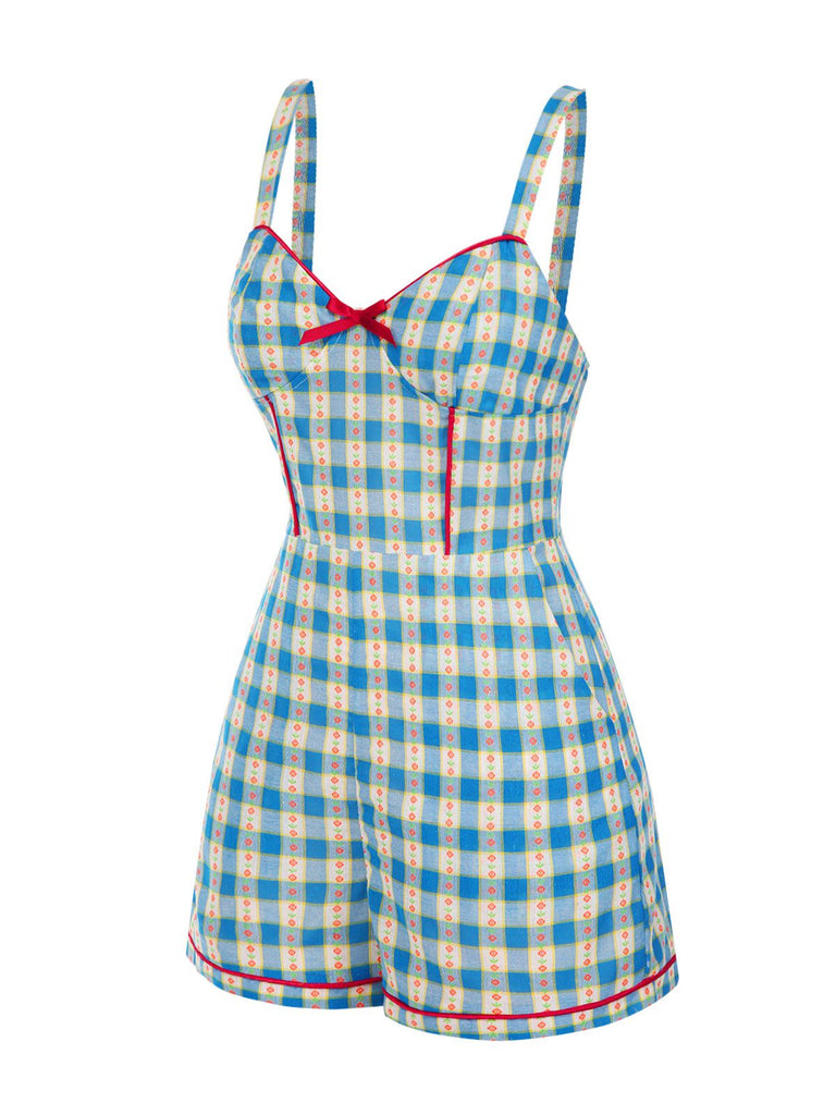 Blue 1950s Bow Gingham Plaid Floral Romper - vintage jumpsuit, retro fashion