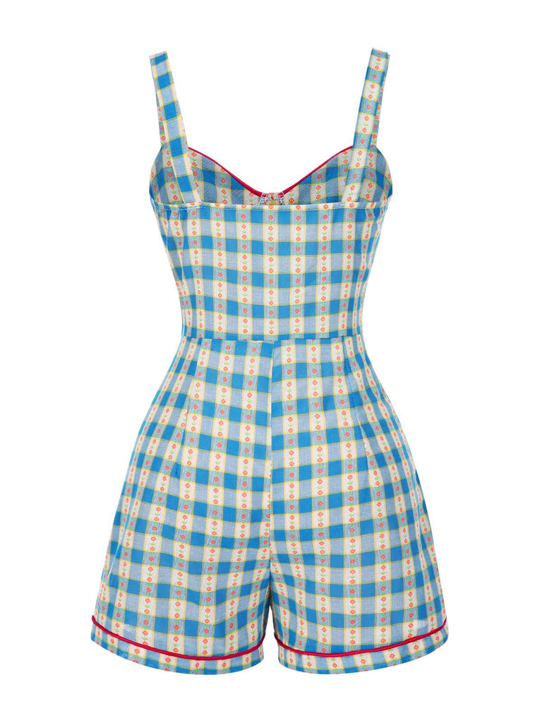 Blue 1950s Bow Gingham Plaid Floral Romper - vintage jumpsuit, retro fashion