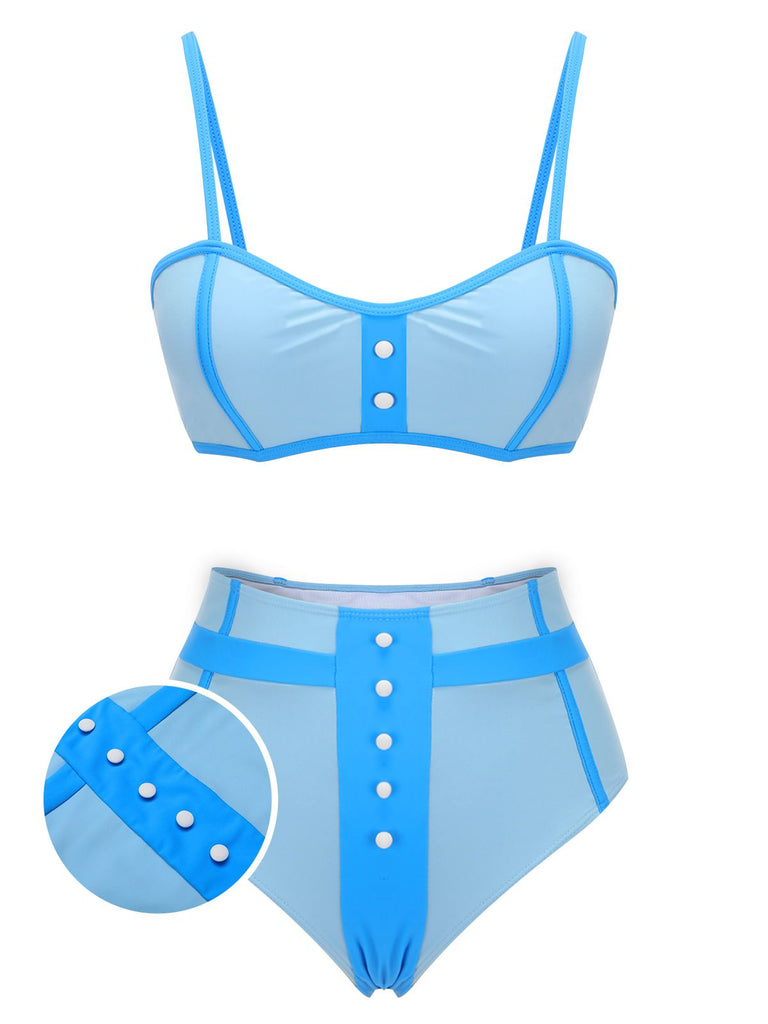 Blue 1950s Button Patchwork Swimsuit, vintage swimsuit, pin-up swimwear - perfect for women who love vintage and retro fashion