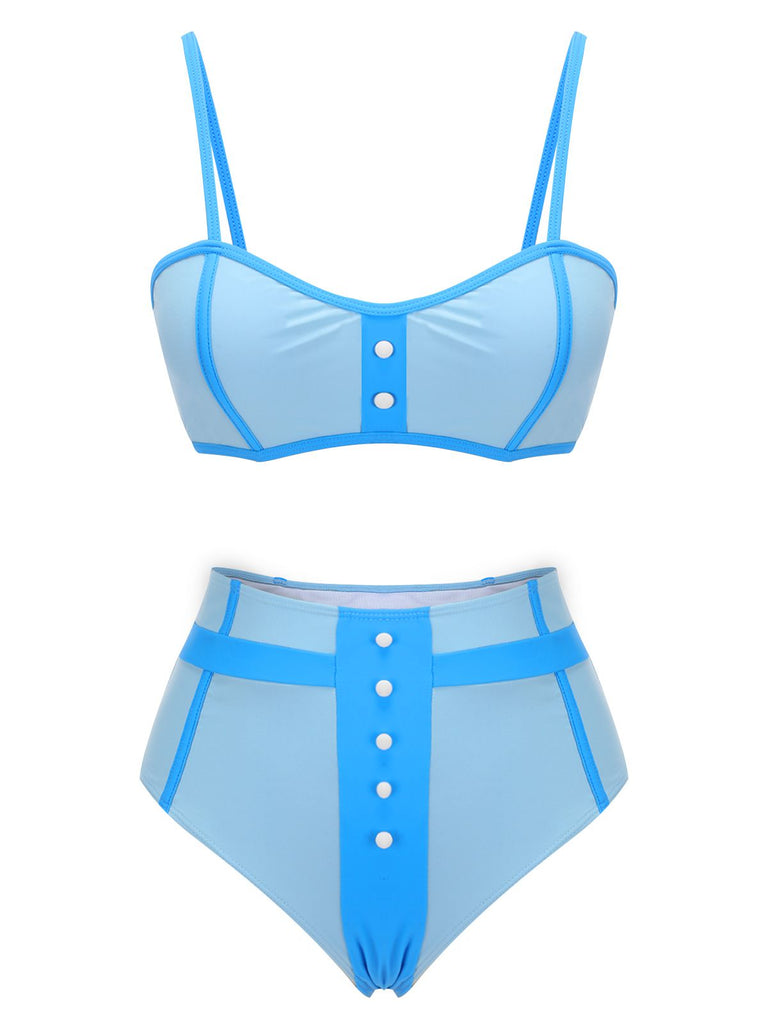 Blue 1950s Button Patchwork Swimsuit, vintage swimsuit, pin-up swimwear - perfect for women who love vintage and retro fashion