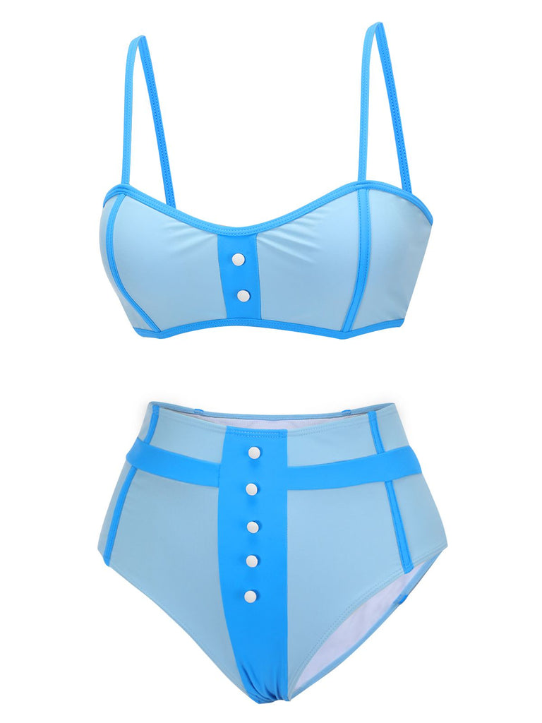 Blue 1950s Button Patchwork Swimsuit, vintage swimsuit, pin-up swimwear - perfect for women who love vintage and retro fashion
