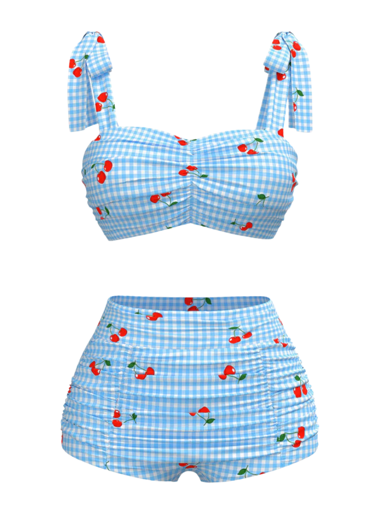 She's wearing Blue 1950s Cherry Plaid Lace-up Swimsuit and the whole beach remembers the 1950s