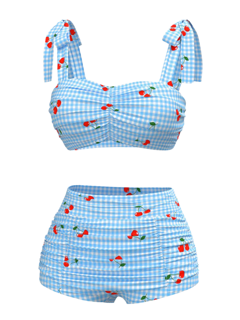 Blue 1950s Cherry Plaid Lace-up Swimsuit: 1950s Riviera elegance, reimagined for her