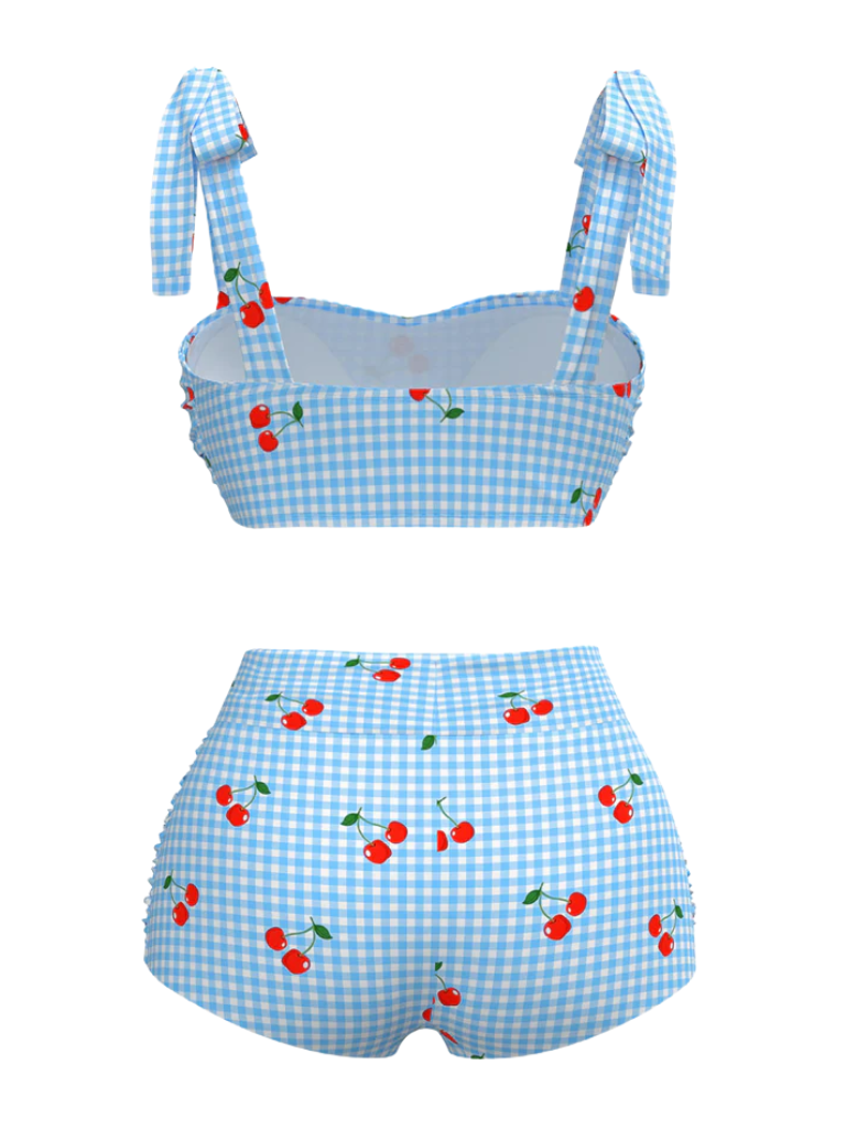This Blue 1950s Cherry Plaid Lace-up Swimsuit carries 1950s vacation dreams in every stitch