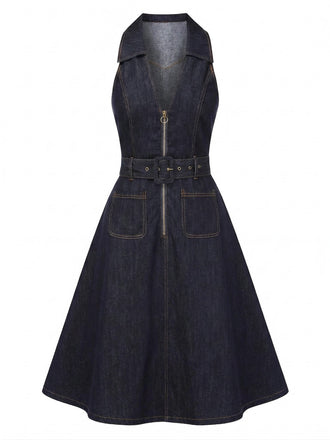 [Pre-Sale] Blue 1950s Denim Belted Sleeveless Swing Dress
