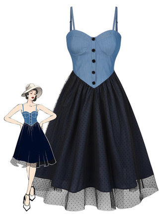 Blue 1950s Denim Polka Dot Mesh Patchwork Dress - vintage dress, retro fashion, rockabilly