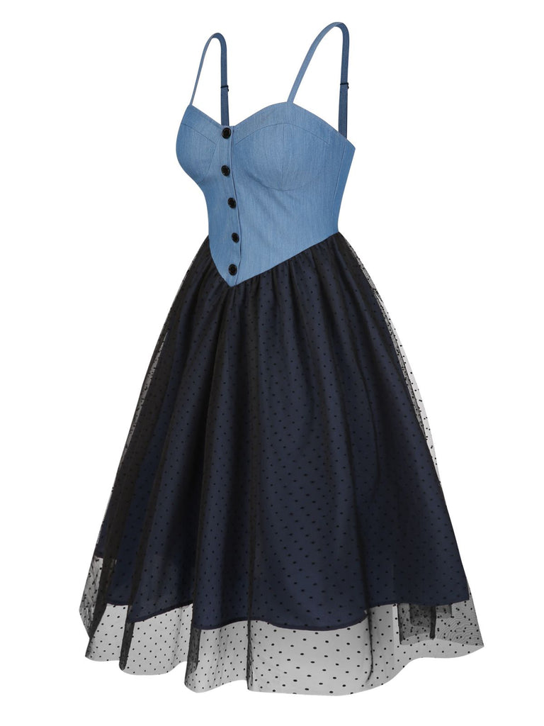 Blue 1950s Denim Polka Dot Mesh Patchwork Dress Blue 1950s Denim Polka Dot Mesh Patchwork Dress