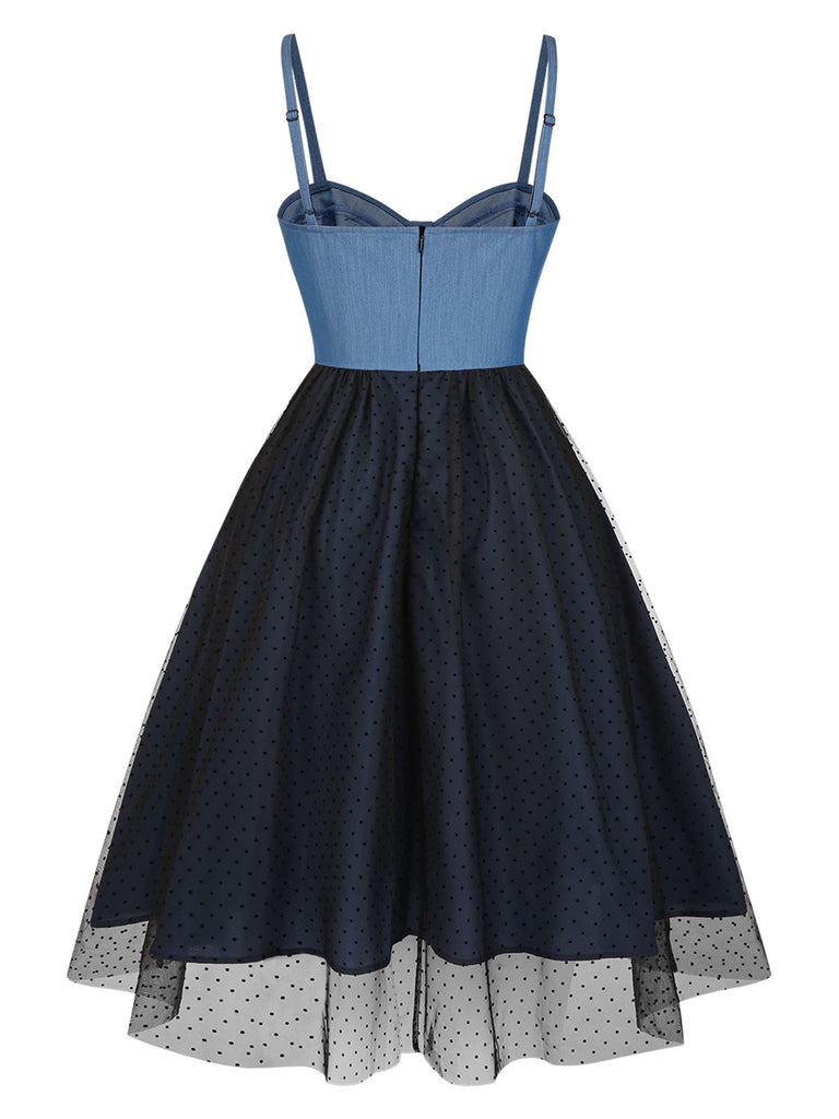 Blue 1950s Denim Polka Dot Mesh Patchwork Dress Blue 1950s Denim Polka Dot Mesh Patchwork Dress