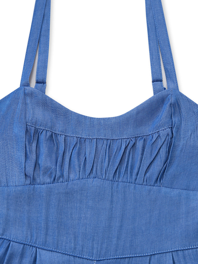 Blue 1950s Denim Spaghetti Strap Ruched Jumpsuit - vintage romper, retro jumpsuit for vintage lovers