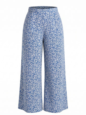 Blue 1950s Floral Print High Waist Wide-Leg Pants 3