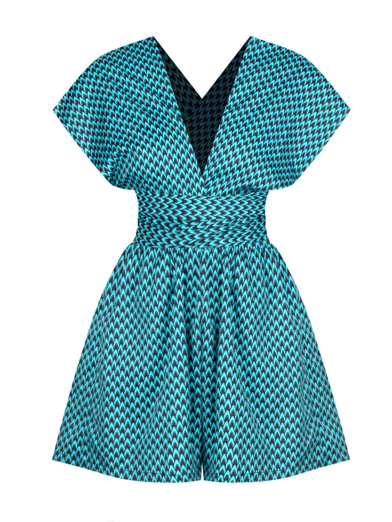 She finds her 1950s story in this Blue 1950s Fishback Multi-wear Cap Sleeve Romper