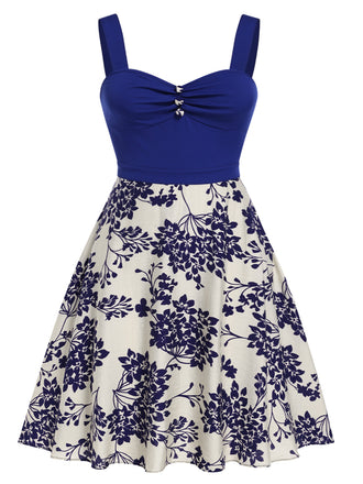 Blue 1950s Floral Button Sweetheart Neck Dress - vintage dress, retro fashion, rockabilly