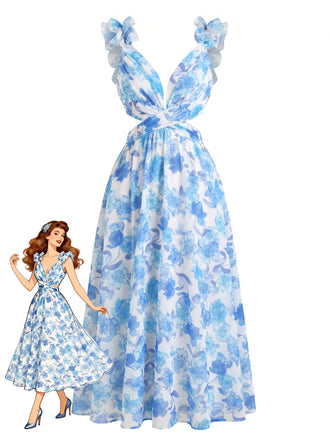 Blue 1950s Backless Dress Pleated Chiffon Dress